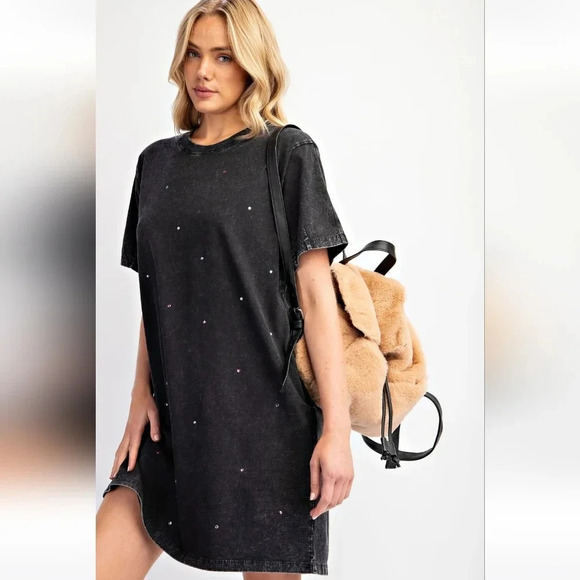 Easel Black Rhinestone Mineral Washed T-shirt Tunic Shirt Dress New - Picture 3 of 6